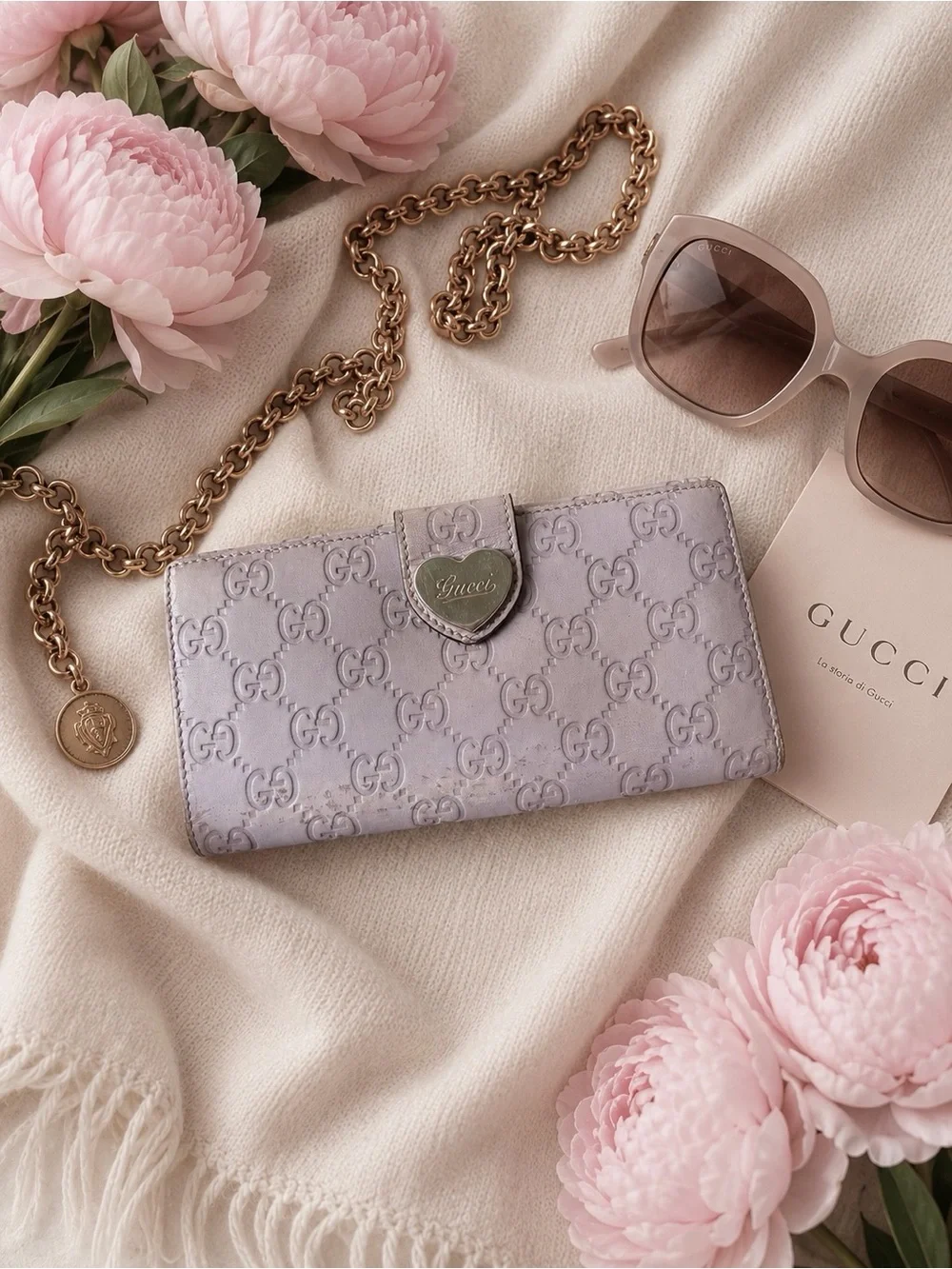 Gucci Guccissima Heart Logo Lavender Leather Long Wallet Authentic Vintage - Picture 9 of 9